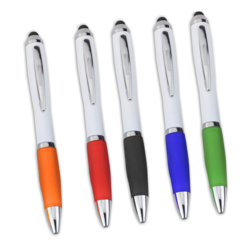 Στυλό με λευκό κορμό με βεντούζα για τάμπλετ και χρωματιστό grip
